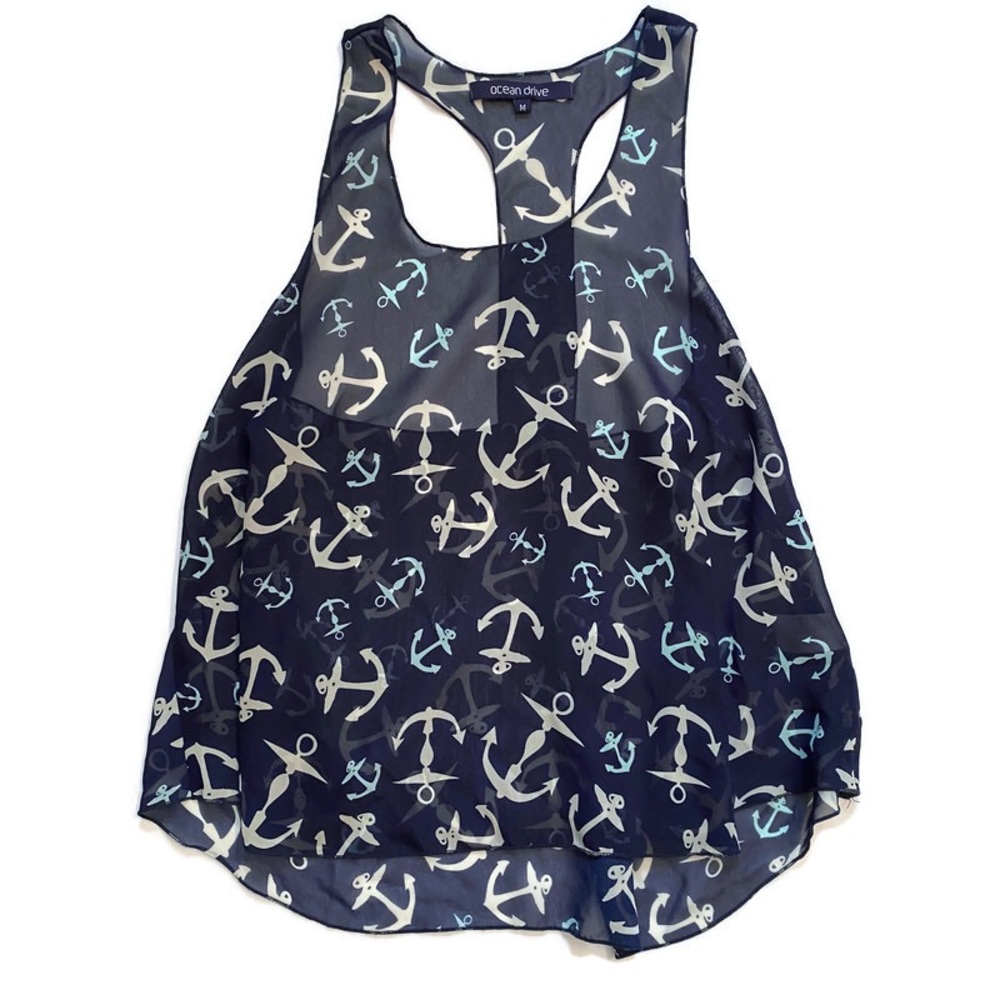OCEAN DRIVE TOP TANK BLUE WHITE ANCHOR PRINT SHEER RACERBACK Size M